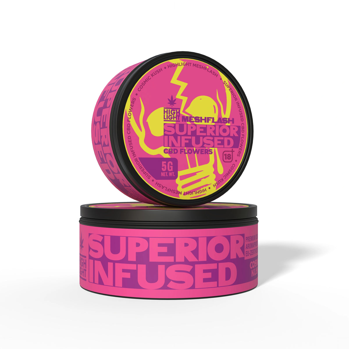 Zwei gestapelte Dosen Meshflash Superior Infused CBD Blüte Cosmic Kush mit 5 g Inhalt