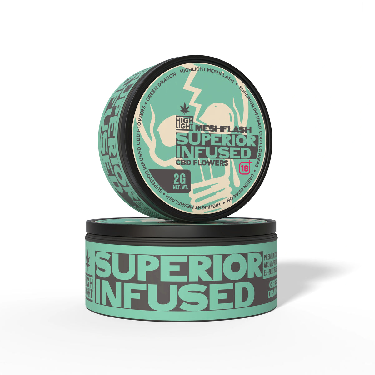 Zwei gestapelte Dosen Meshflash Superior Infused CBD Blüte Green Dragon mit 2 g Inhalt