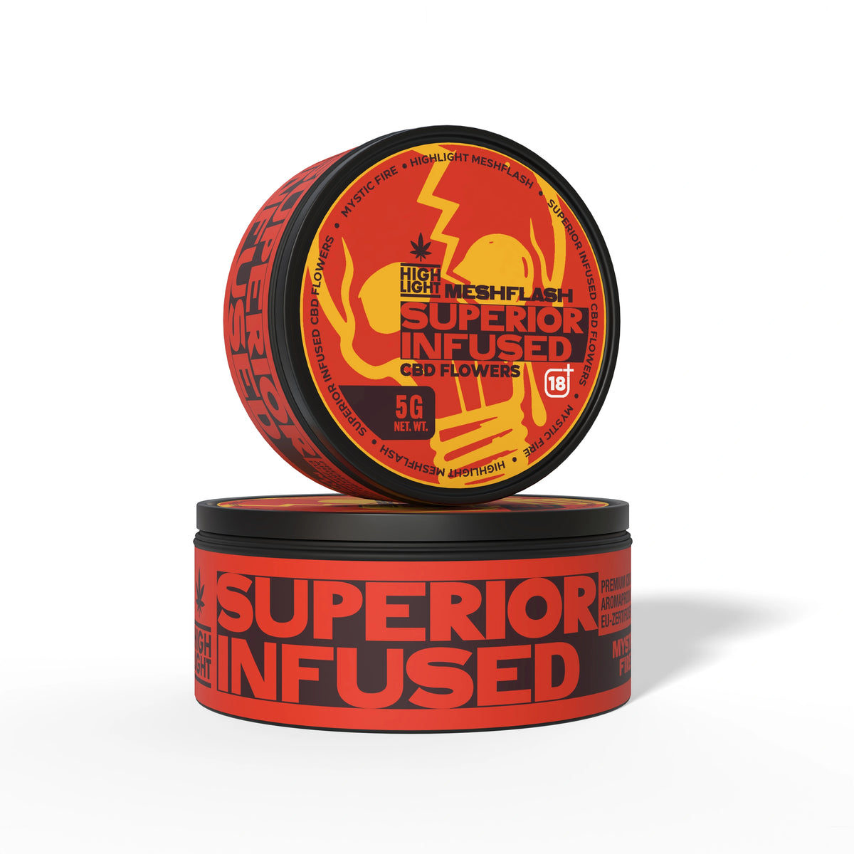 Zwei gestapelte Dosen Meshflash Superior Infused CBD Blüte Mystic Fire mit 5 g Inhalt