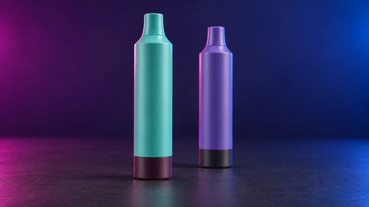 Zwei zylindrische Einweg-Vapes in Türkis und Violett auf dunklem Untergrund