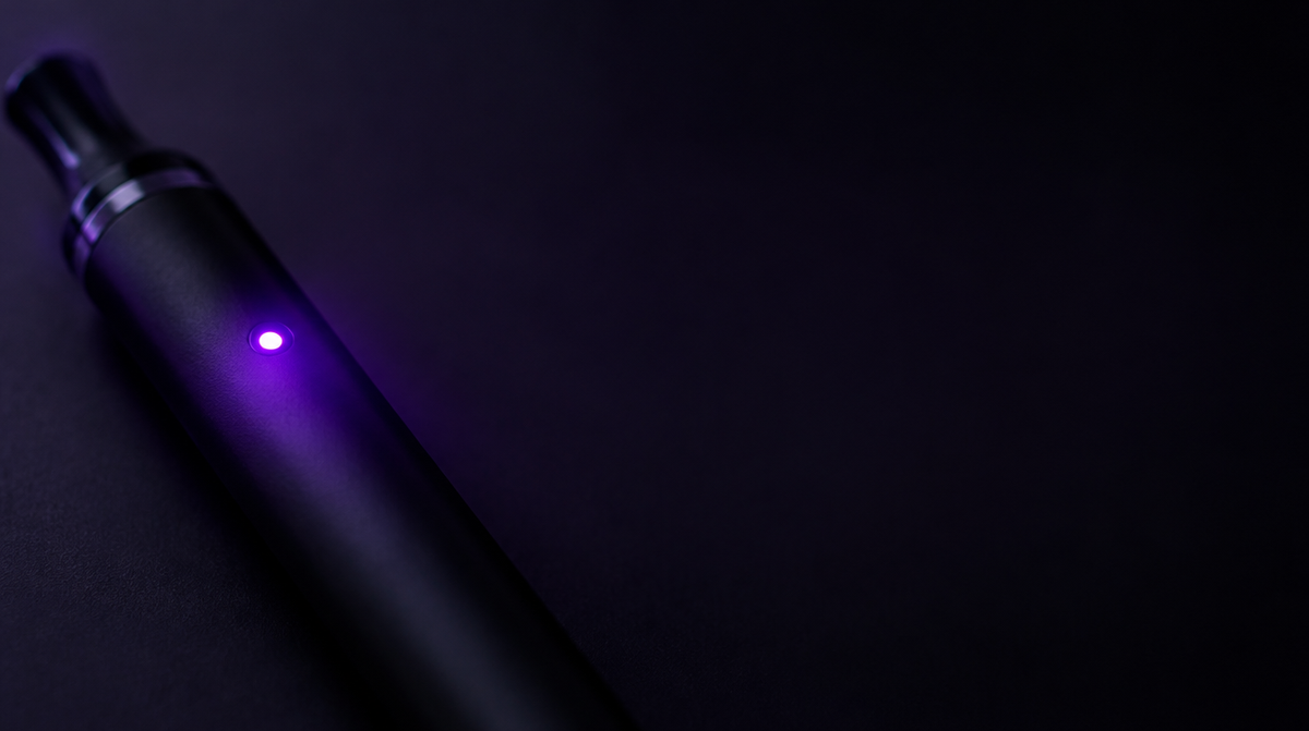 Kleine violette LED leuchtet auf dem schwarzen Gehäuse eines Pod-Vapes im Dunkeln, Sinnbild dafür, dass ein Vape blinkt
