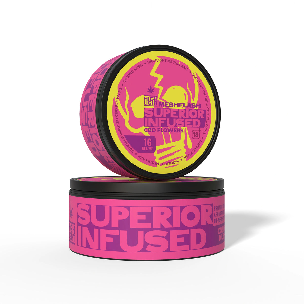 Zwei gestapelte Dosen Meshflash Superior Infused CBD Blüte Cosmic Kush mit 1 g Inhalt