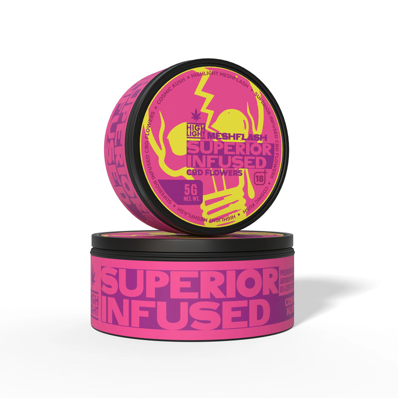 Zwei gestapelte Dosen Meshflash Superior Infused CBD Blüte Cosmic Kush mit 5 g Inhalt