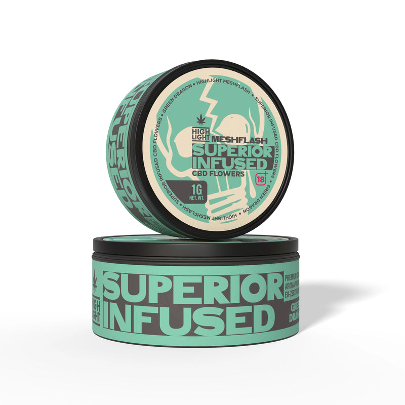 Zwei gestapelte Dosen Meshflash Superior Infused CBD Blüte Green Dragon mit 1 g Inhalt