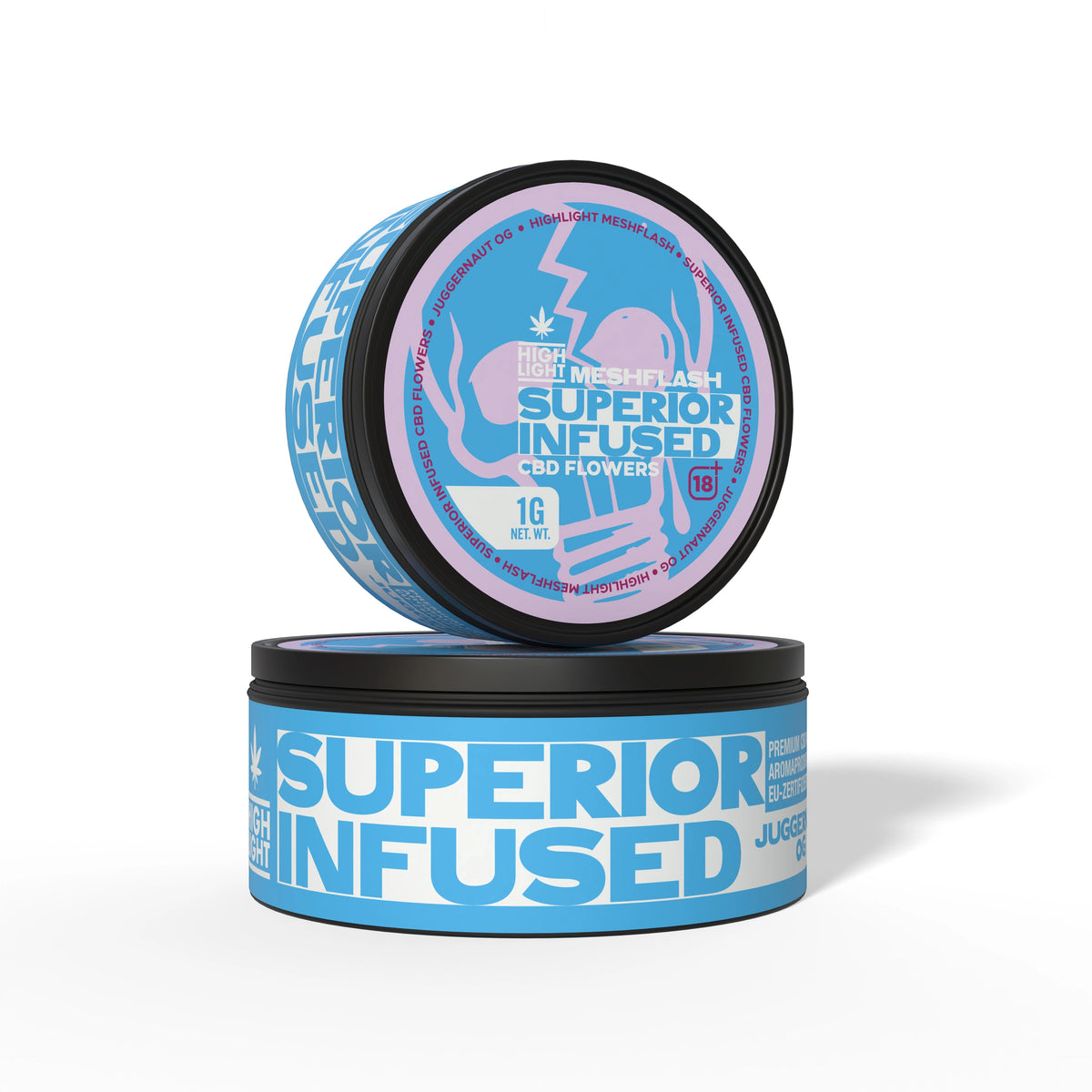 Zwei gestapelte Dosen Meshflash Superior Infused CBD Blüte Juggernaut OG mit 1 g Inhalt