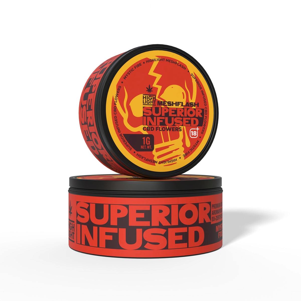 Zwei gestapelte Dosen Meshflash Superior Infused CBD Blüte Mystic Fire mit 1 g Inhalt
