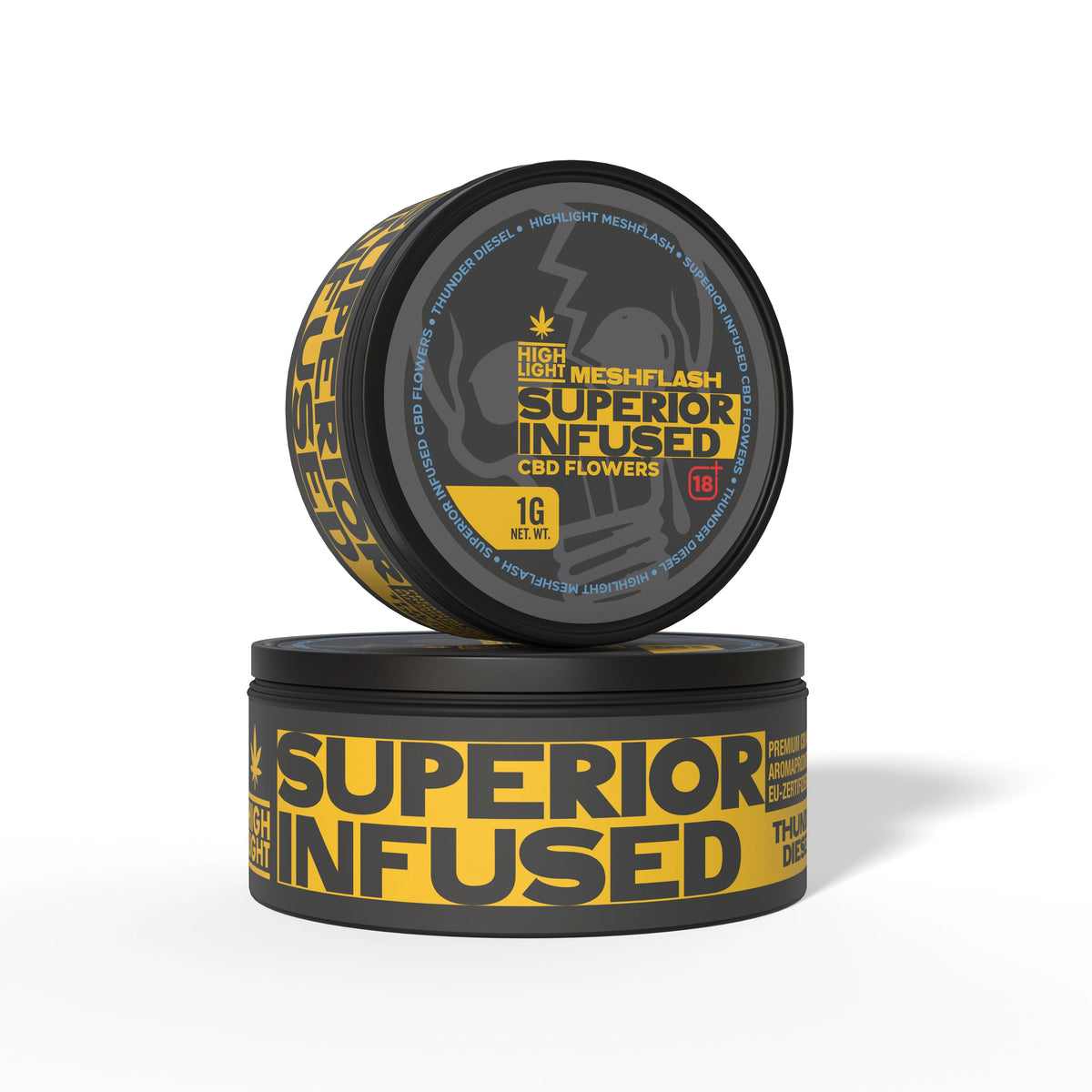Zwei gestapelte Dosen Meshflash Superior Infused CBD Blüte Thunder Diesel mit 1 g Inhalt