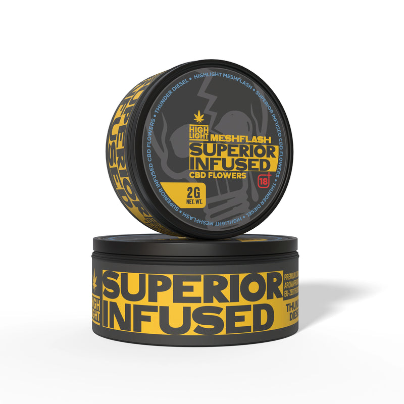 Zwei gestapelte Dosen Meshflash Superior Infused CBD Blüte Thunder Diesel mit 2 g Inhalt