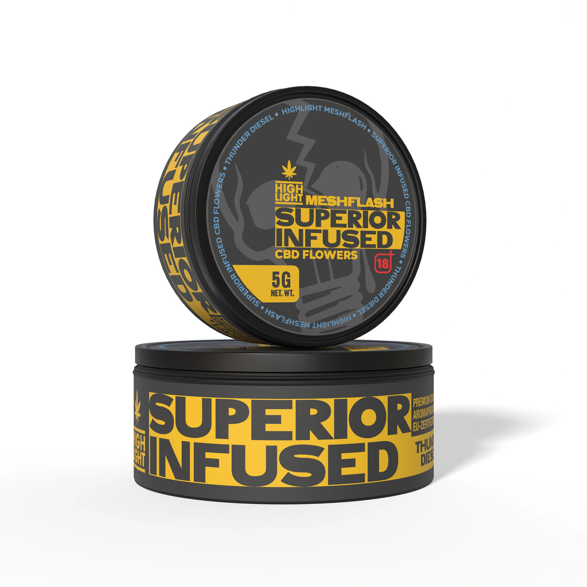 Zwei gestapelte Dosen Meshflash Superior Infused CBD Blüte Thunder Diesel mit 5 g Inhalt